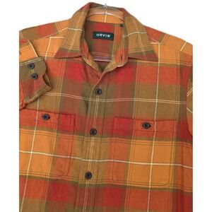 Orvis Shirt Mens Small Orange Plaid Flannel Long Sleeve Button‎ Front Casual
